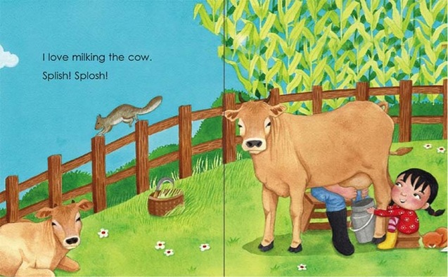 Milking a cow - My Father's Farm by Emila Yusof, third children's picture book in the Dina series published by Oyez!Books