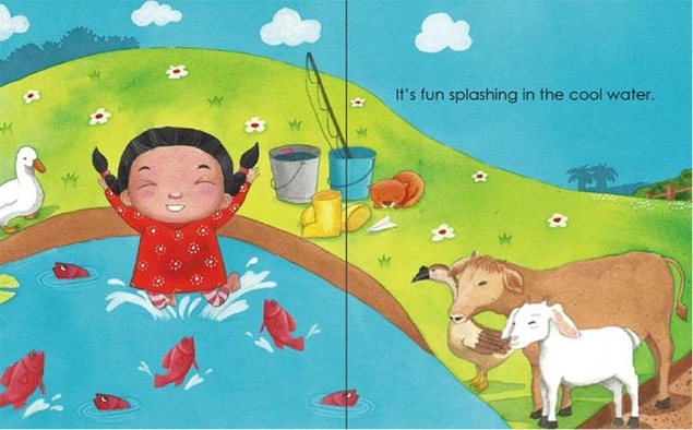 Jumping into the pond -My Father's Farm by Emila Yusof, third children's picture book in the Dina series published by Oyez!Books