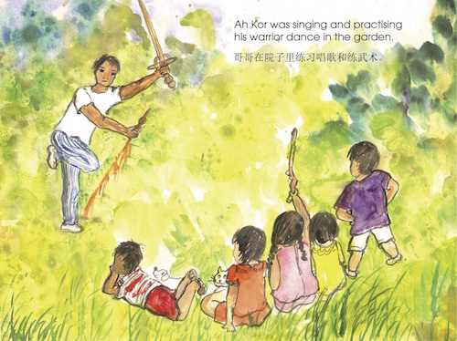 Singing and practising warrior dance - Fun At the Opera, children's book by Susanna Goho-Quek, published by Oyez!Books
