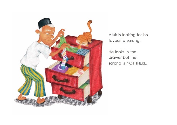 Atuk looking for his sarong - Atuk's Amazing Sarong - children's picture book by Lim Lay Har, illustrations by Lim Lay Koon, published by Oyez!Books