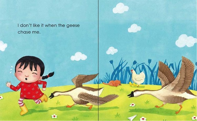 Chased by geese - My Father's Farm by Emila Yusof, third children's picture book in the Dina series published by Oyez!Books