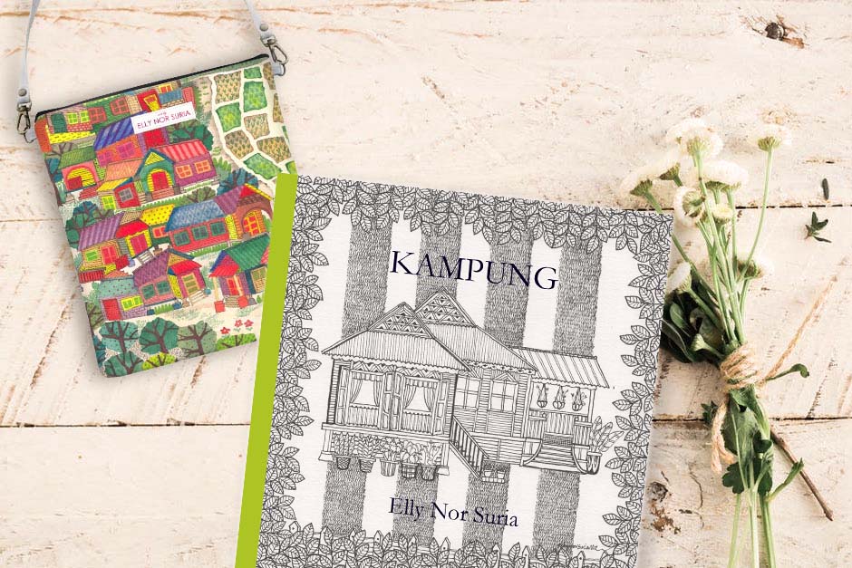 Kampung colouring book by Elly Nor Suria and Kampungku sling bag gift set