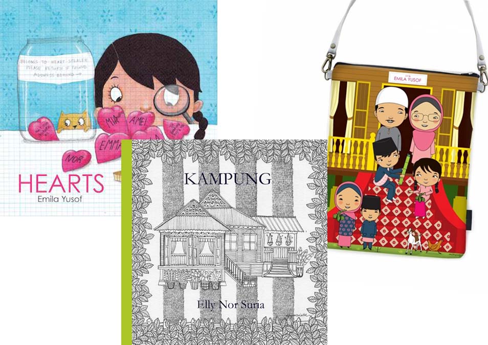 Kampung colouring book by Elly Nor Suria, Hearts by Emila Yusof and Happy Family sling bag gift set